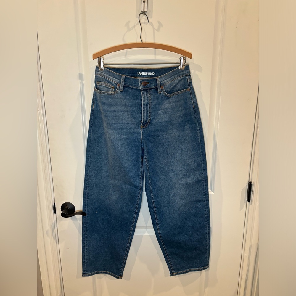 Lands’ End Recover High Rise Barrel Leg Ankle Jeans, Size 10, Color Blue
